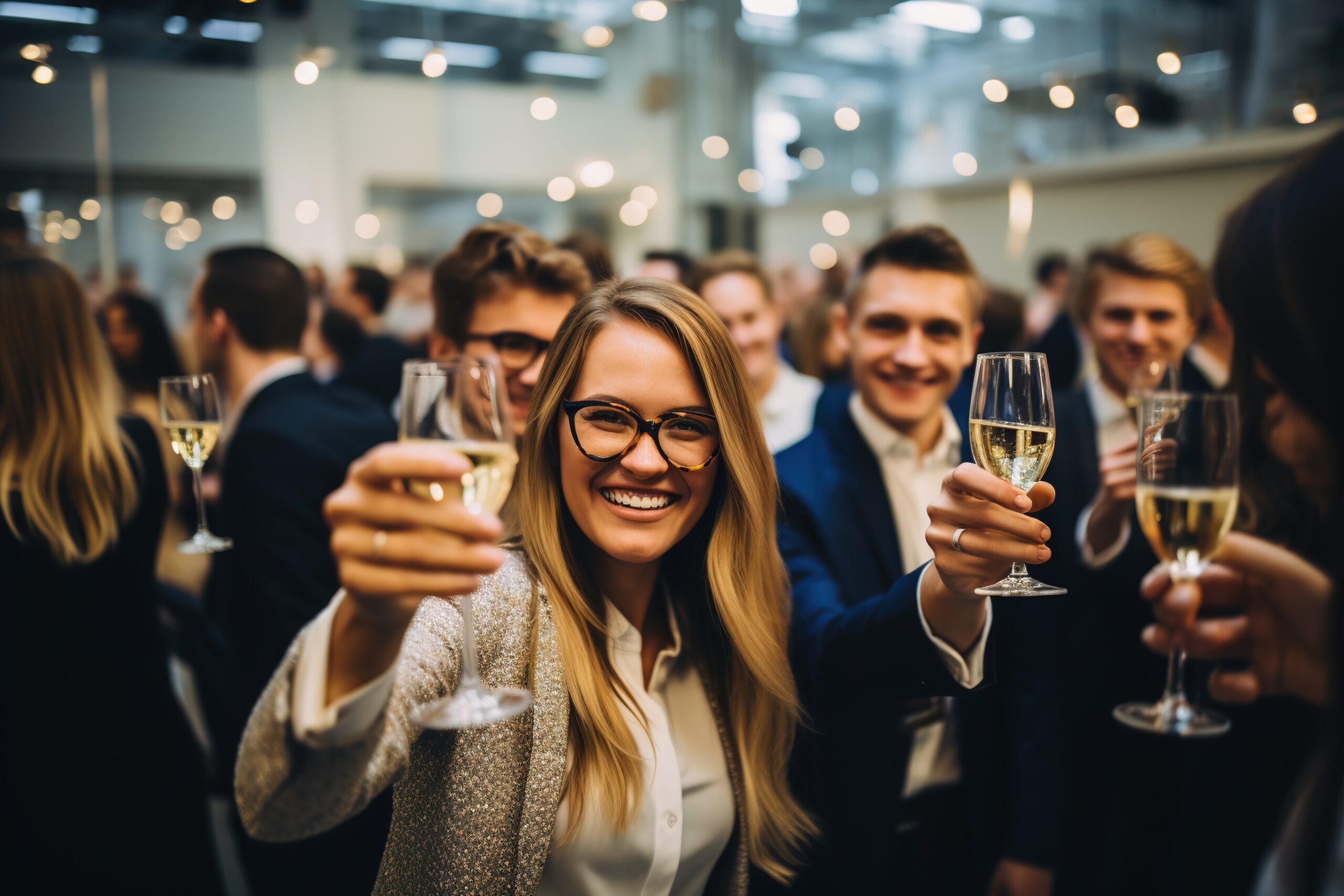 Woman in glasses celebrating New Year at corporate office party with people raising their glasses in festive atmosphere.